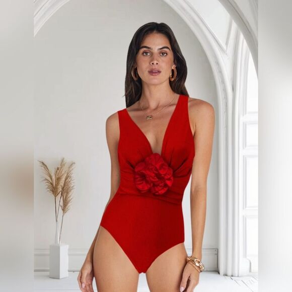 🌹New Elegant Red Plunge One Piece Swimsuit with Floral Detail - Picture 9 of 16